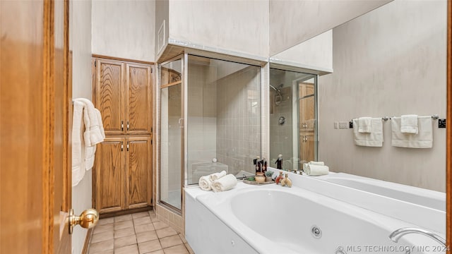 bathroom with tile floors and plus walk in shower