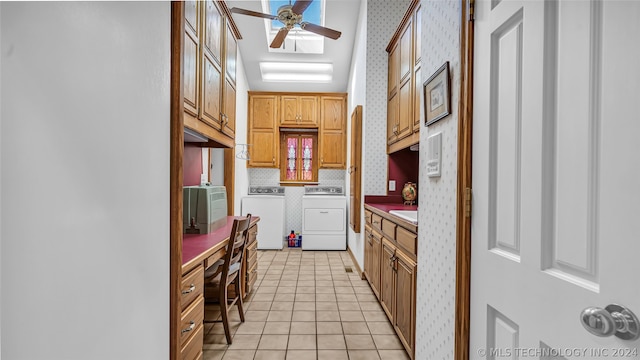 kitchen featuring ceiling fan, tasteful backsplash, washer and dryer, light tile floors, and sink