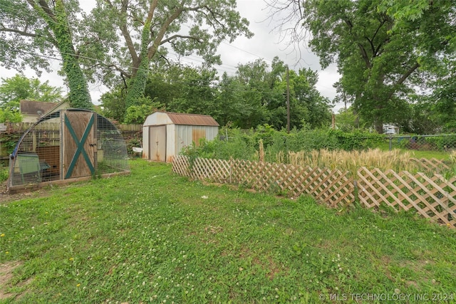 view of yard featuring a storage unit