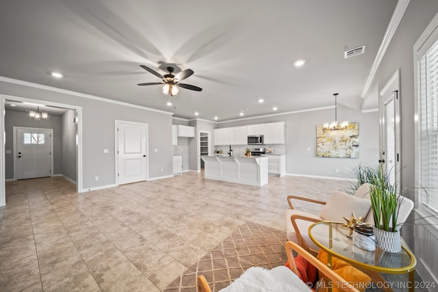 tiled living room featuring crown molding and ceiling fan with notable chandelier