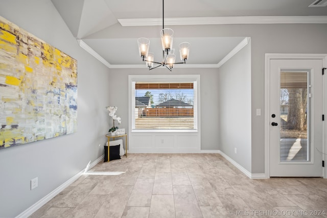 unfurnished dining area with a notable chandelier, vaulted ceiling, crown molding, and light tile floors