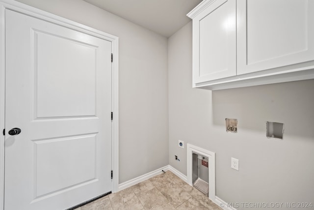 laundry area featuring washer hookup, hookup for an electric dryer, cabinets, and light tile floors