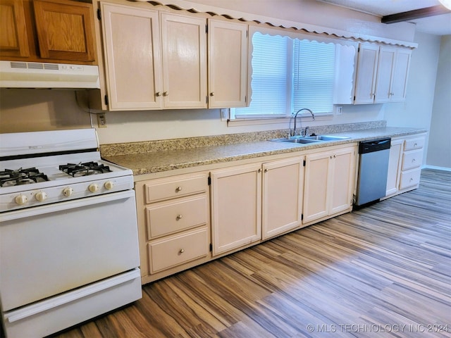 kitchen featuring light wood-type flooring, stainless steel dishwasher, white gas stove, and sink