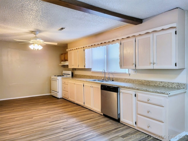 kitchen with stainless steel dishwasher, white gas range, sink, light hardwood / wood-style flooring, and white cabinets