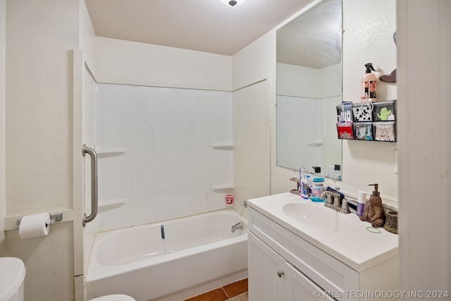 full bathroom featuring tile floors, shower / bathtub combination, toilet, and vanity