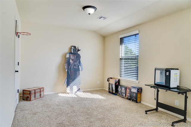 misc room featuring light carpet and vaulted ceiling