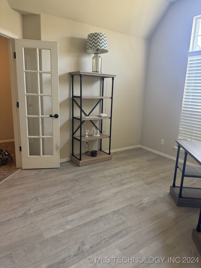 empty room with lofted ceiling and wood-type flooring