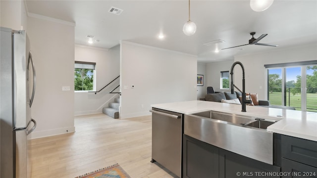 kitchen featuring crown molding, hanging light fixtures, ceiling fan, light wood-type flooring, and appliances with stainless steel finishes