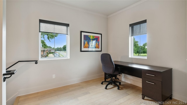 office area featuring crown molding, plenty of natural light, and light hardwood / wood-style flooring