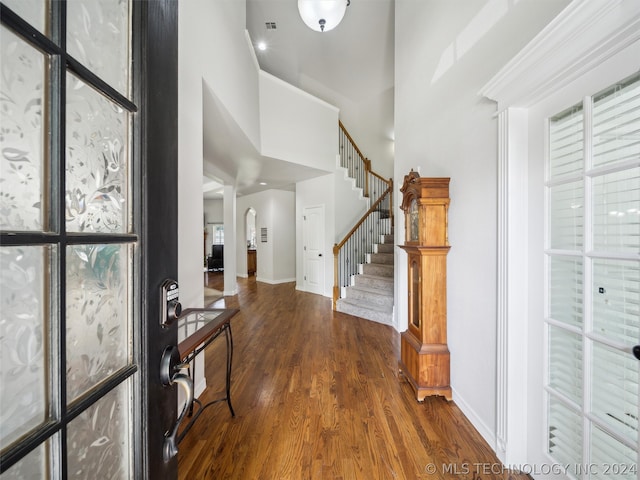 foyer with dark hardwood / wood-style flooring and a high ceiling