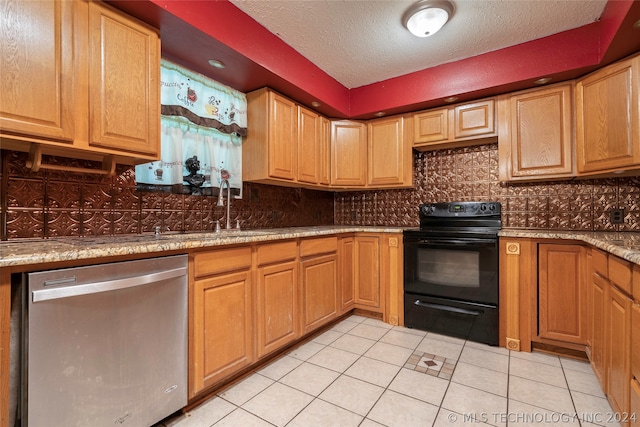 kitchen with black range with electric stovetop, stainless steel dishwasher, light tile flooring, and tasteful backsplash