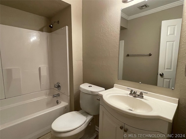 full bathroom with toilet, vanity, bathtub / shower combination, and ornamental molding