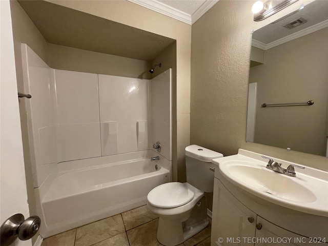 full bathroom featuring vanity, shower / tub combination, tile patterned floors, crown molding, and toilet