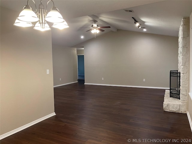 unfurnished living room featuring dark wood-type flooring, lofted ceiling with beams, and ceiling fan with notable chandelier