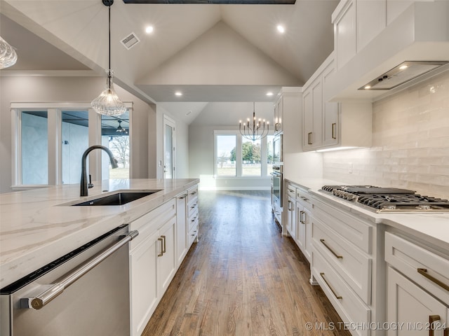 kitchen with white cabinetry, sink, hardwood / wood-style flooring, appliances with stainless steel finishes, and custom exhaust hood