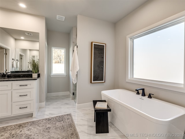 bathroom featuring shower with separate bathtub, vanity, and a healthy amount of sunlight