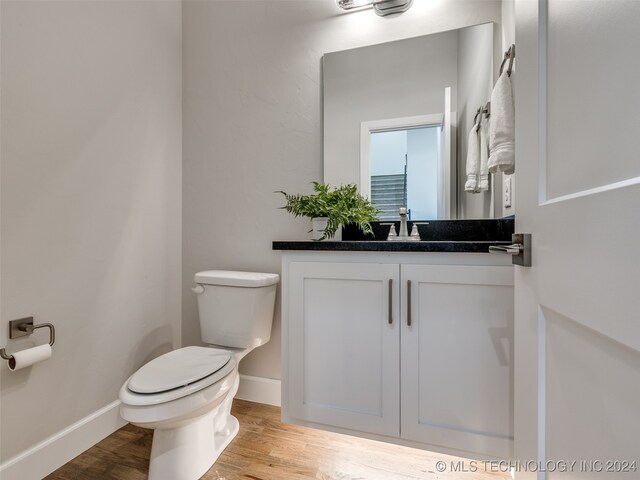 bathroom with hardwood / wood-style floors, vanity, and toilet