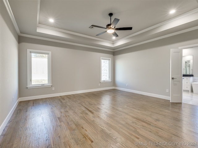 spare room featuring a healthy amount of sunlight, a raised ceiling, light hardwood / wood-style floors, and ornamental molding