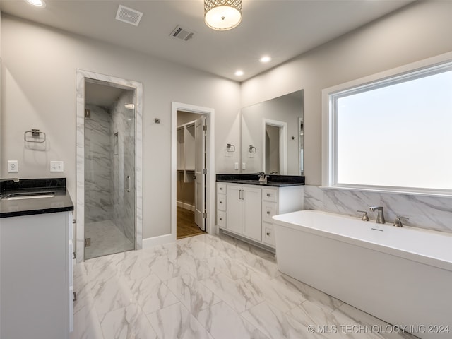 bathroom featuring vanity and separate shower and tub