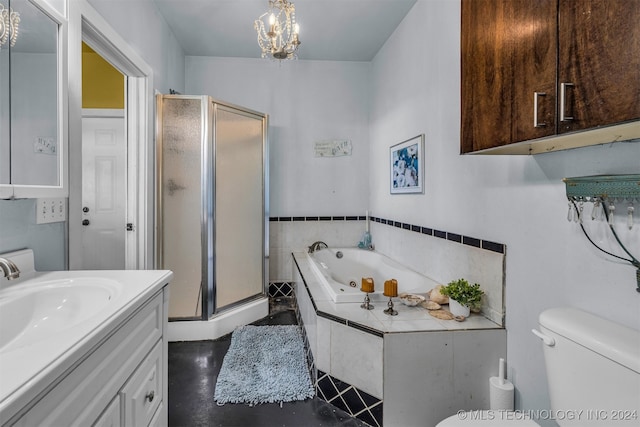 full bathroom with shower with separate bathtub, toilet, and vanity