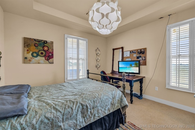 carpeted bedroom with multiple windows and a raised ceiling