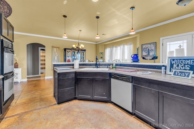 kitchen with dishwasher, decorative light fixtures, crown molding, and sink