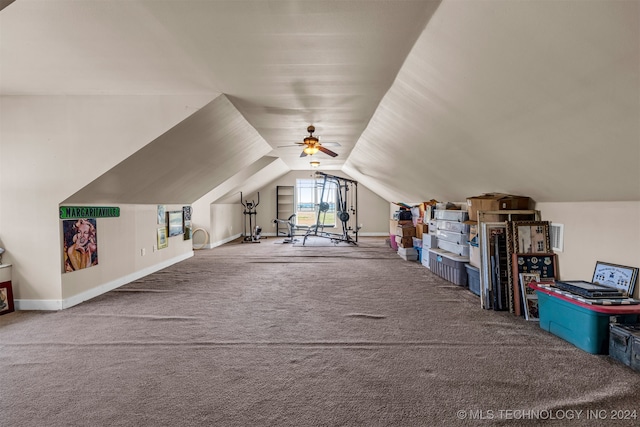 additional living space with carpet, ceiling fan, and vaulted ceiling