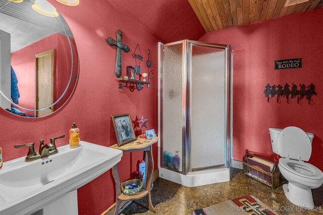 bathroom featuring walk in shower, toilet, wood ceiling, tile patterned floors, and sink