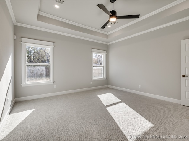 spare room featuring a tray ceiling, ceiling fan, light colored carpet, and ornamental molding