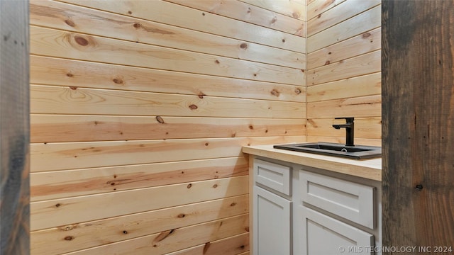 bathroom featuring sink and wooden walls