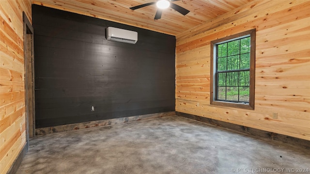 empty room featuring ceiling fan, wood walls, an AC wall unit, and wooden ceiling