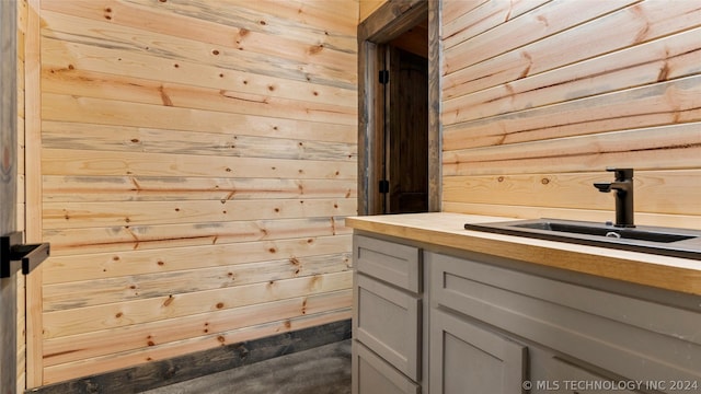 bathroom with wood walls and sink