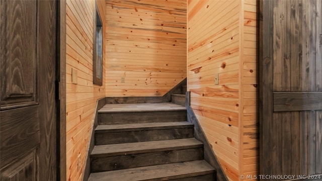 stairway with wood walls