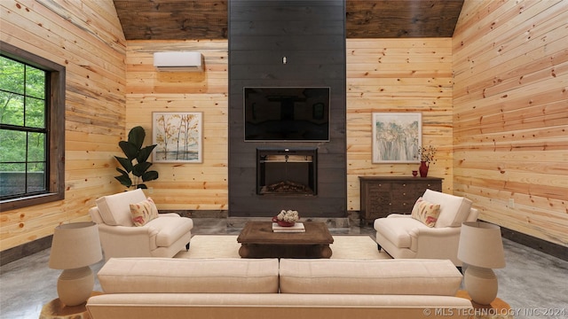 living room featuring a wall mounted air conditioner, high vaulted ceiling, concrete flooring, wooden walls, and a fireplace