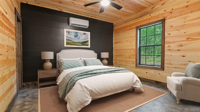 bedroom with ceiling fan, wood walls, wood ceiling, and a wall mounted AC