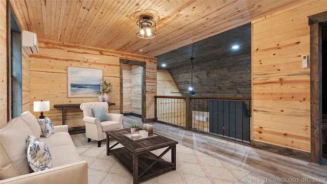 living room featuring a wall mounted AC, hardwood / wood-style flooring, wooden ceiling, lofted ceiling, and wood walls