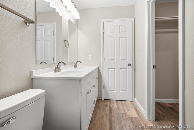 bathroom with vanity, wood-type flooring, and toilet