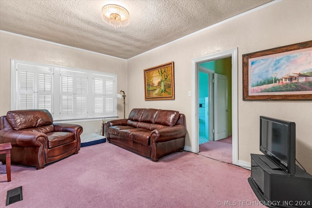 living room with crown molding, carpet, and a textured ceiling