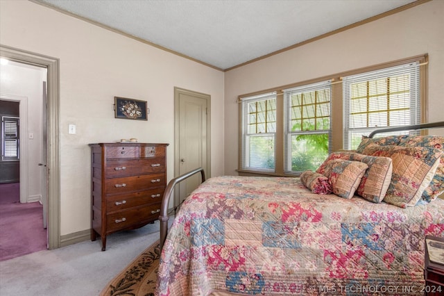 bedroom featuring ornamental molding, a textured ceiling, and carpet flooring