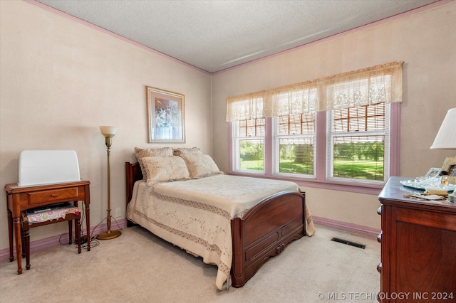 bedroom featuring light colored carpet and a textured ceiling