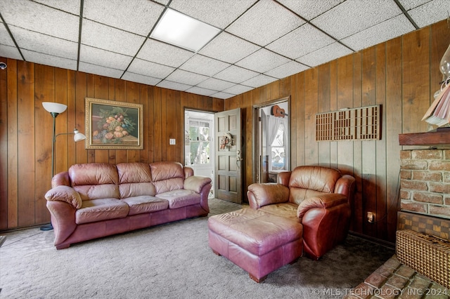 living room featuring wood walls, carpet flooring, and a paneled ceiling