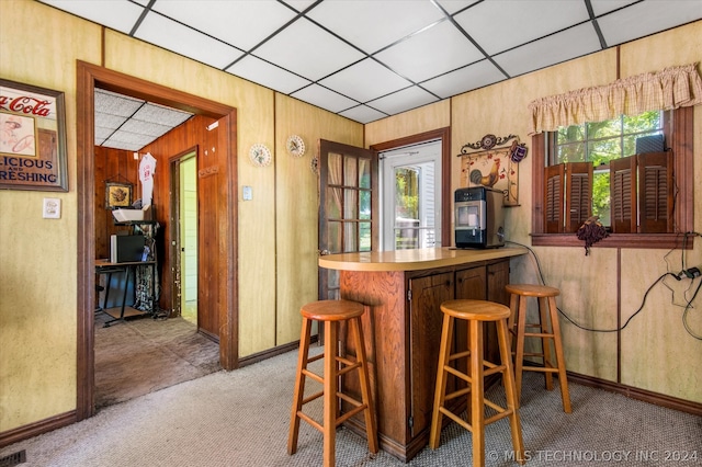 bar featuring carpet, wooden walls, and a paneled ceiling