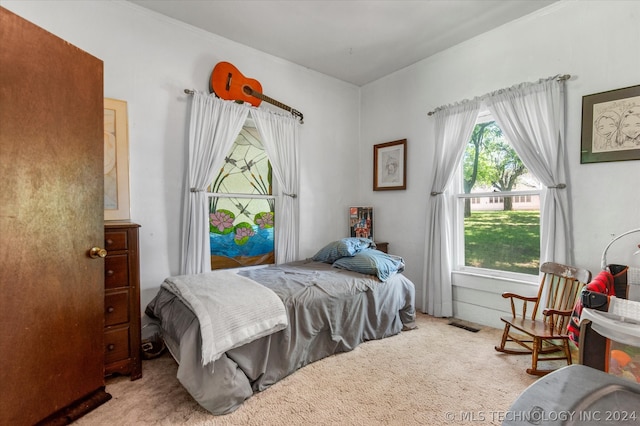 bedroom with light colored carpet