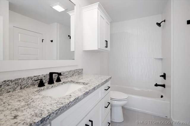 full bathroom with toilet, tile patterned flooring, vanity, and washtub / shower combination