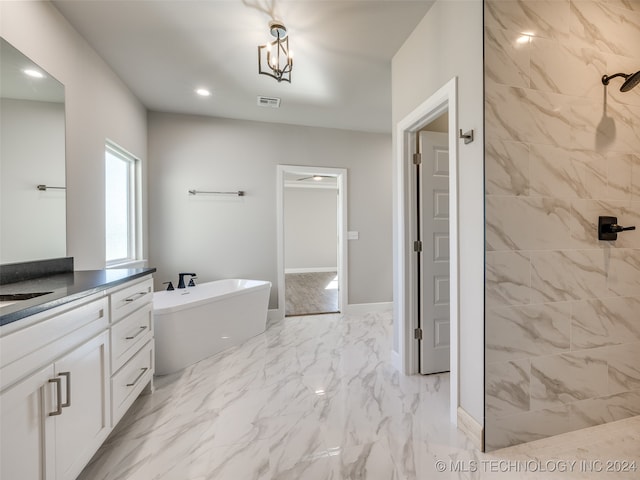 bathroom with plus walk in shower and vanity