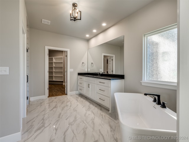 bathroom with a washtub, vanity, and a healthy amount of sunlight