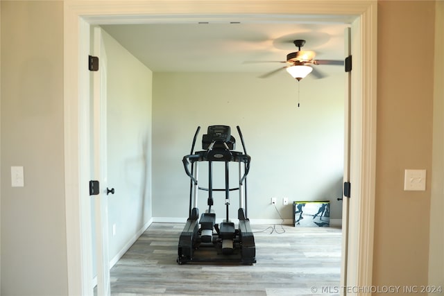 exercise room with ceiling fan and hardwood / wood-style floors