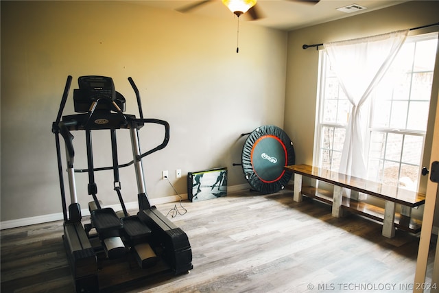 workout room with ceiling fan and hardwood / wood-style flooring