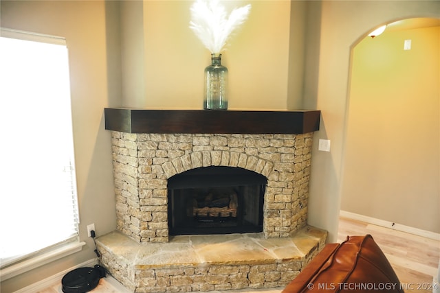 details featuring a fireplace and hardwood / wood-style flooring