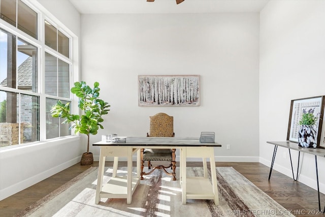 office with wood-type flooring and ceiling fan